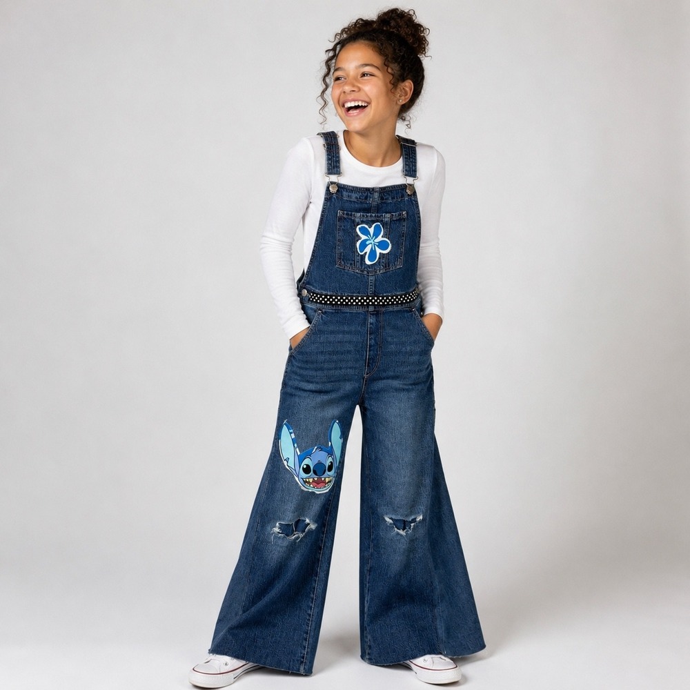 LILO and Stitch Hand Crafted Denim Overalls with Polka Dot Accents kids 12-14